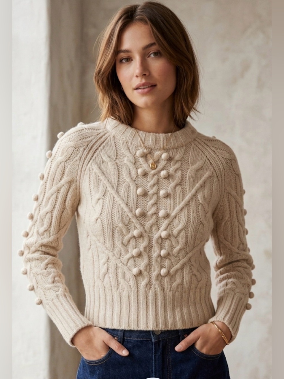 Autumn Cashmere Cream 100% Pure Cashmere Cable-Knit Pom-Pom Crewneck Sweater